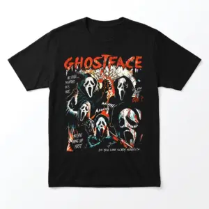 Front flat lay of a black Ghostface horror t-shirt with a bold collage design.