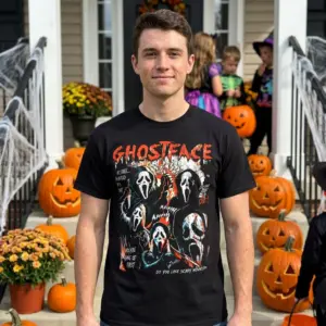 Vintage Ghostface Scream Movie Fan Graphic Tee 10 Person modeling a Ghostface t-shirt in a casual setting.