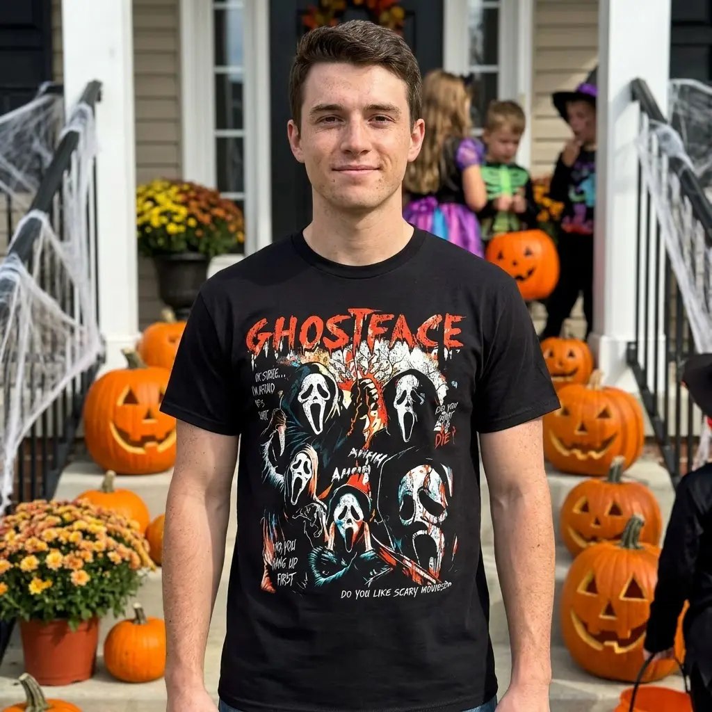 Vintage Ghostface Scream Movie Fan Graphic Tee 5 Person modeling a Ghostface t-shirt in a casual setting.