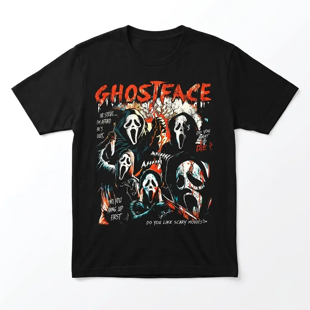 Vintage Ghostface Scream Movie Fan Graphic Tee 1 Front flat lay of a black Ghostface horror t-shirt with a bold collage design.