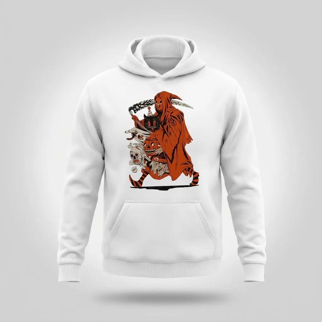 Vintage Grim Reaper Halloween Graphic T-Shirt 2 Front flat lay view of a hoodie printed with the vintage Halloween grim reaper and monster graphic design.