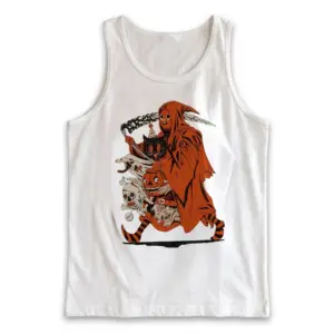Vintage Grim Reaper Halloween Graphic T-Shirt 8 Front flat lay of a tank top featuring the retro Halloween reaper carrying a cat, pumpkin, skull, and witch.