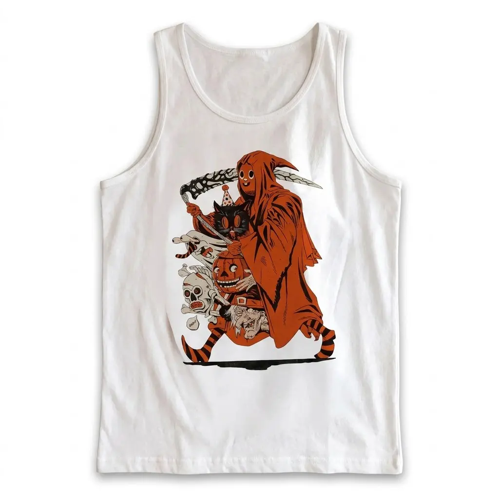 Vintage Grim Reaper Halloween Graphic T-Shirt 3 Front flat lay of a tank top featuring the retro Halloween reaper carrying a cat, pumpkin, skull, and witch.