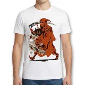 Vintage Grim Reaper Halloween Graphic T-Shirt 9 Front view of a male model wearing the vintage Halloween grim reaper graphic t-shirt.