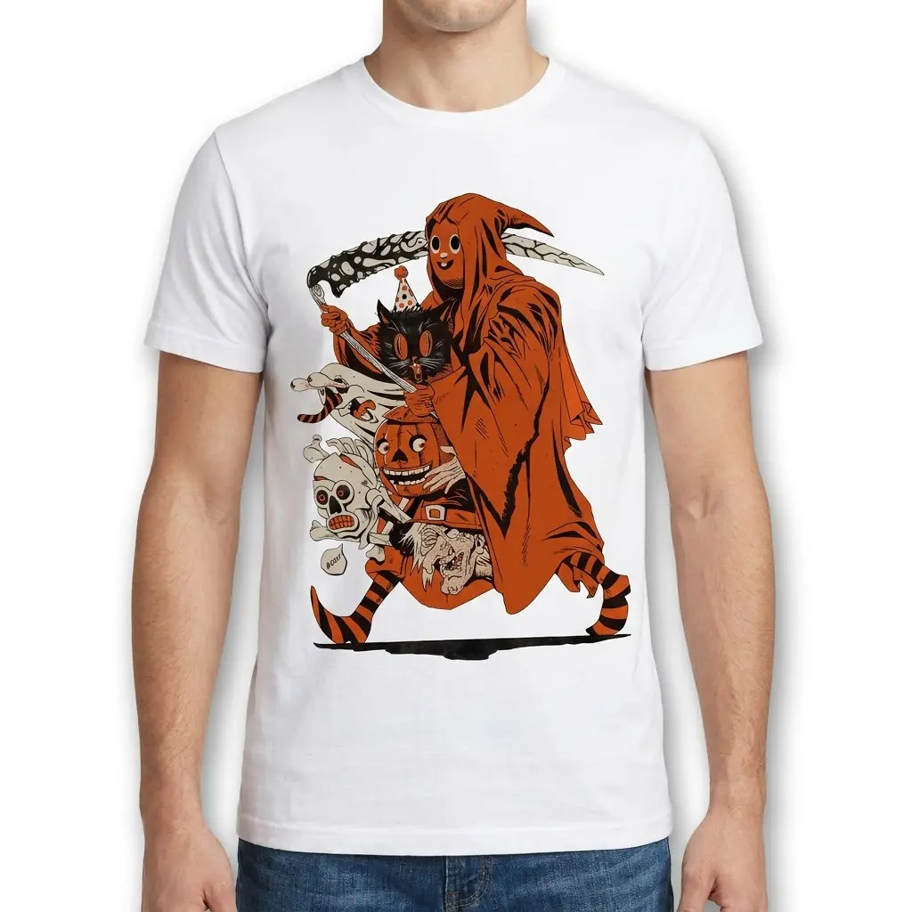Vintage Grim Reaper Halloween Graphic T-Shirt 4 Front view of a male model wearing the vintage Halloween grim reaper graphic t-shirt.