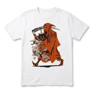 Front flat lay of a white t-shirt featuring a retro comic-style cloaked reaper carrying classic Halloween monsters.