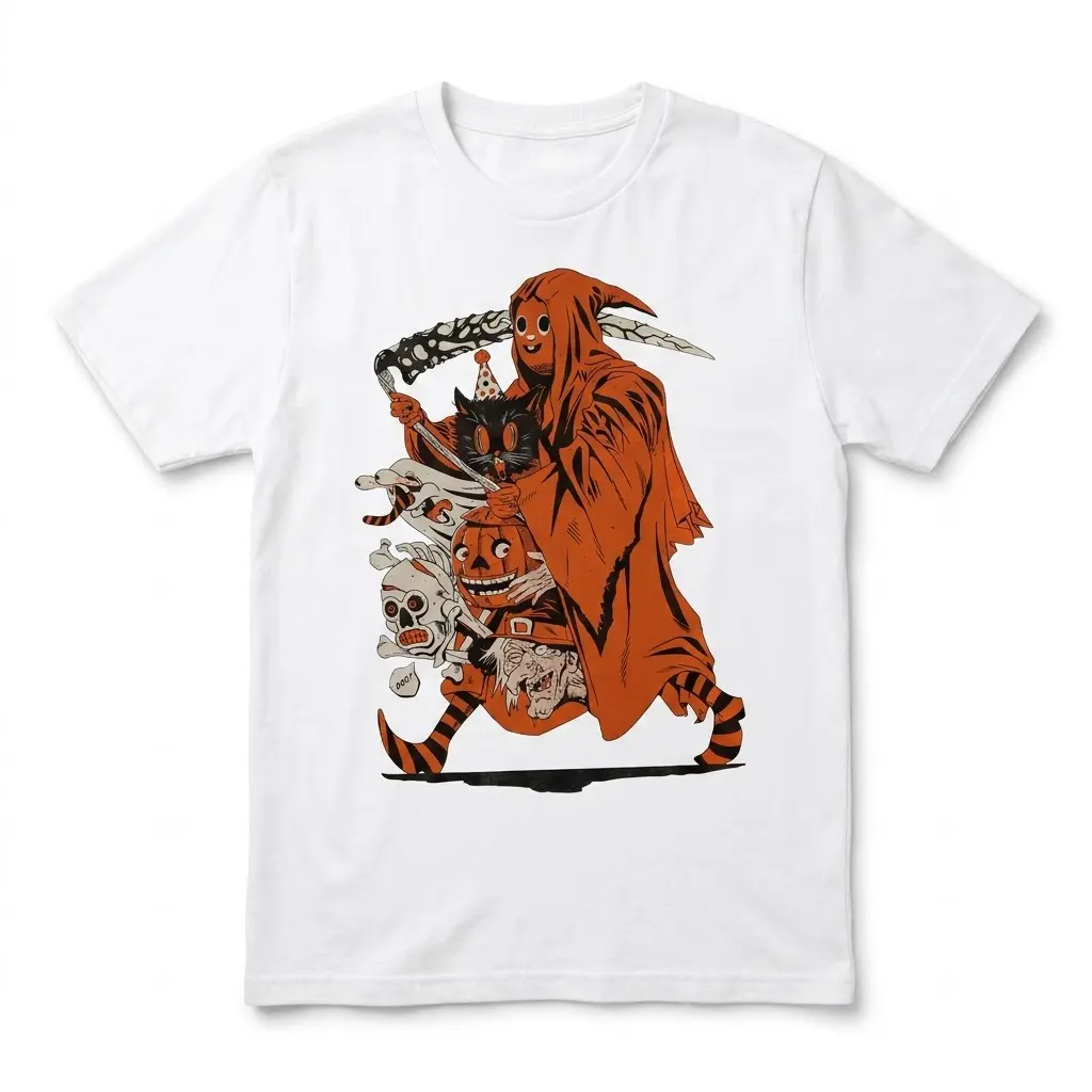 Vintage Grim Reaper Halloween Graphic T-Shirt 1 Front flat lay of a white t-shirt featuring a retro comic-style cloaked reaper carrying classic Halloween monsters.