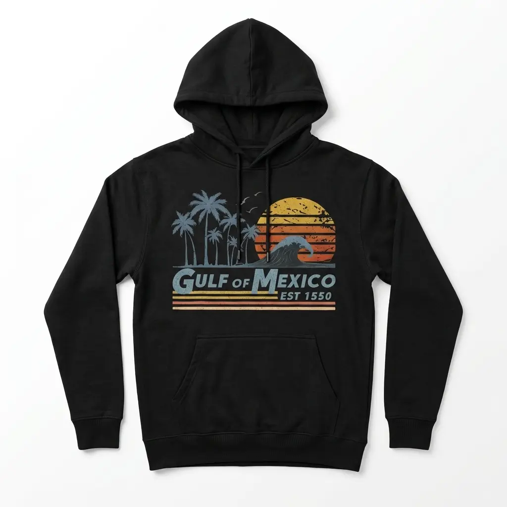 Vintage Gulf of Mexico Sunset Beach T-Shirt 2 Front view of a T-shirt with Gulf of Mexico sunset print and palm trees.