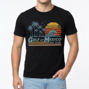 Vintage Gulf of Mexico Sunset Beach T-Shirt 8 Vintage Gulf of Mexico T-shirt showcasing sunset, palm trees, and wave design.