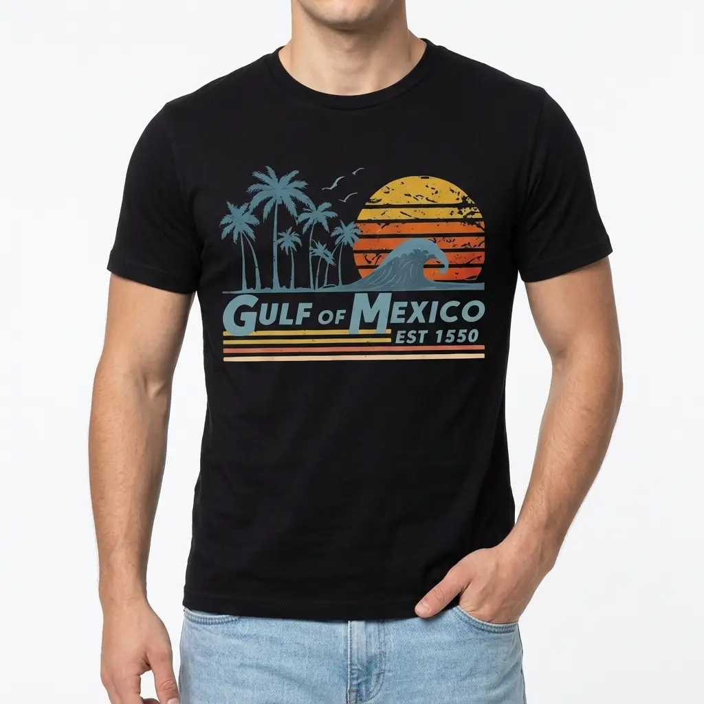 Vintage Gulf of Mexico Sunset Beach T-Shirt 3 Vintage Gulf of Mexico T-shirt showcasing sunset, palm trees, and wave design.