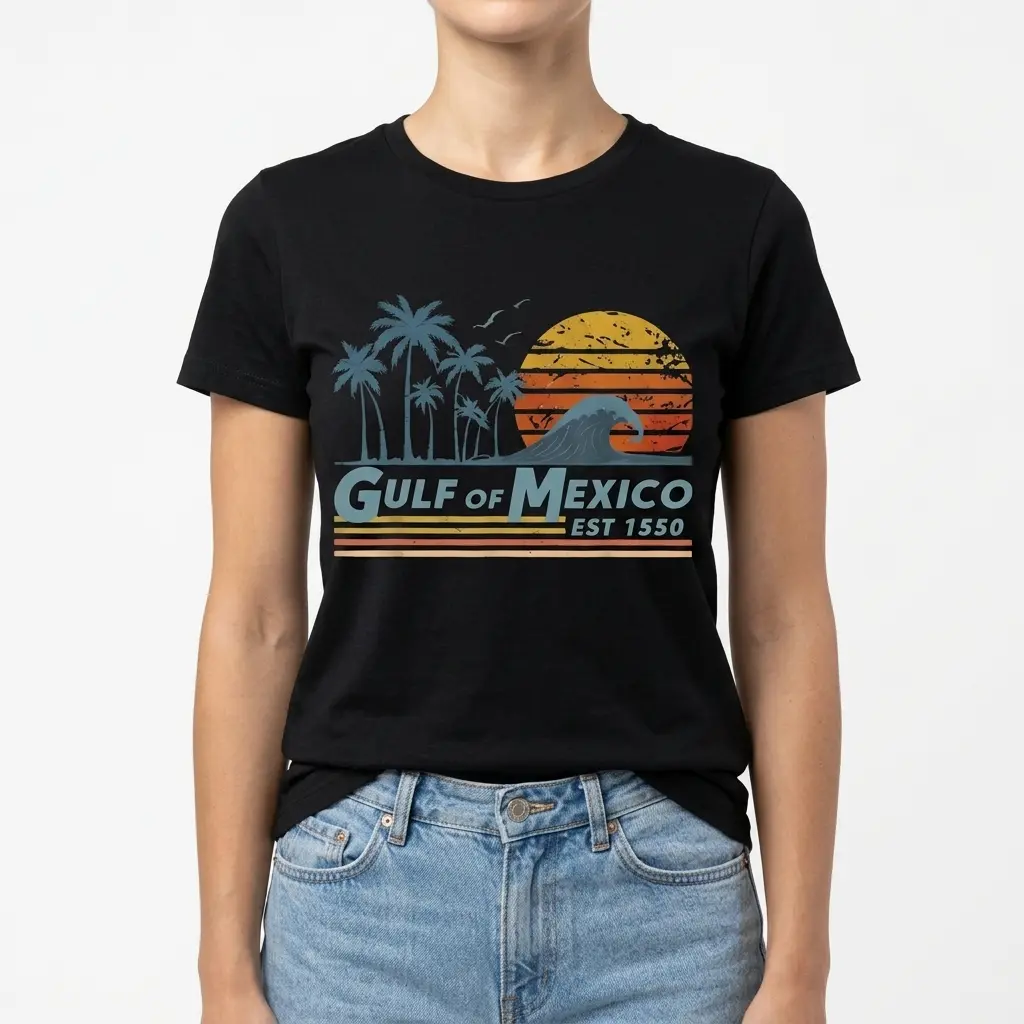 Vintage Gulf of Mexico Sunset Beach T-Shirt 4 Gulf of Mexico Beach T-shirt highlighting vintage sunset theme.