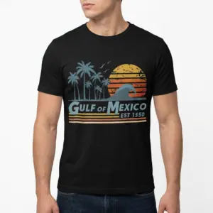Vintage Gulf of Mexico Sunset Beach T-Shirt 10 Close-up of Gulf of Mexico T-shirt with sunset and palm design.