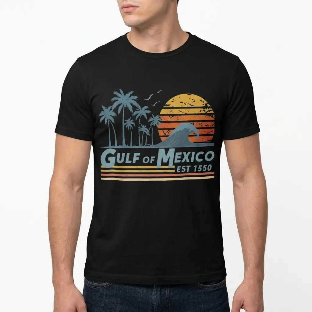Vintage Gulf of Mexico Sunset Beach T-Shirt 5 Close-up of Gulf of Mexico T-shirt with sunset and palm design.