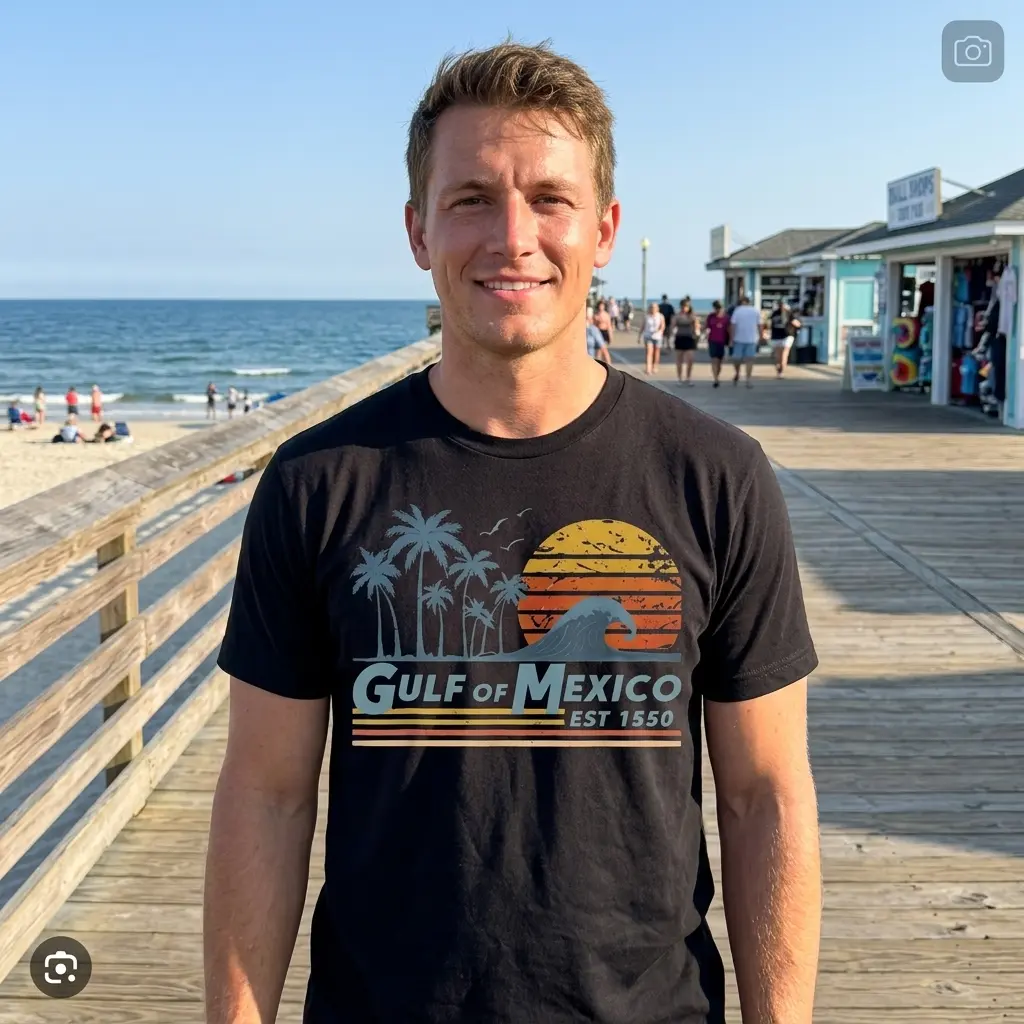 Vintage Gulf of Mexico Sunset Beach T-Shirt 6 Person wearing Gulf of Mexico T-shirt with sunset and beach motif.