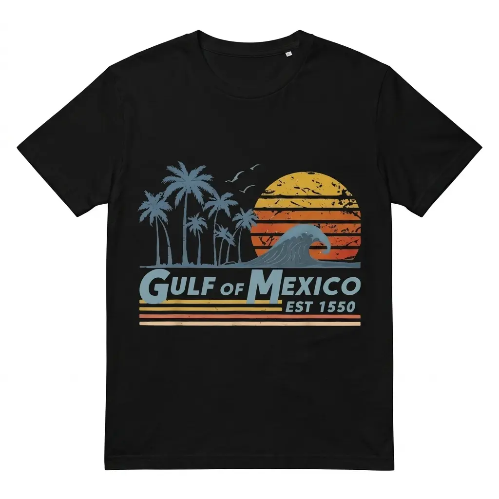 Vintage Gulf of Mexico Sunset Beach T-Shirt 1 Black T-shirt featuring a Gulf of Mexico sunset design with palm trees and waves.