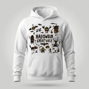 Vintage Halloween Creatures Graphic T-Shirt 7 Front flat lay view of a hoodie printed with the vintage Halloween Creatures monster collage graphic.