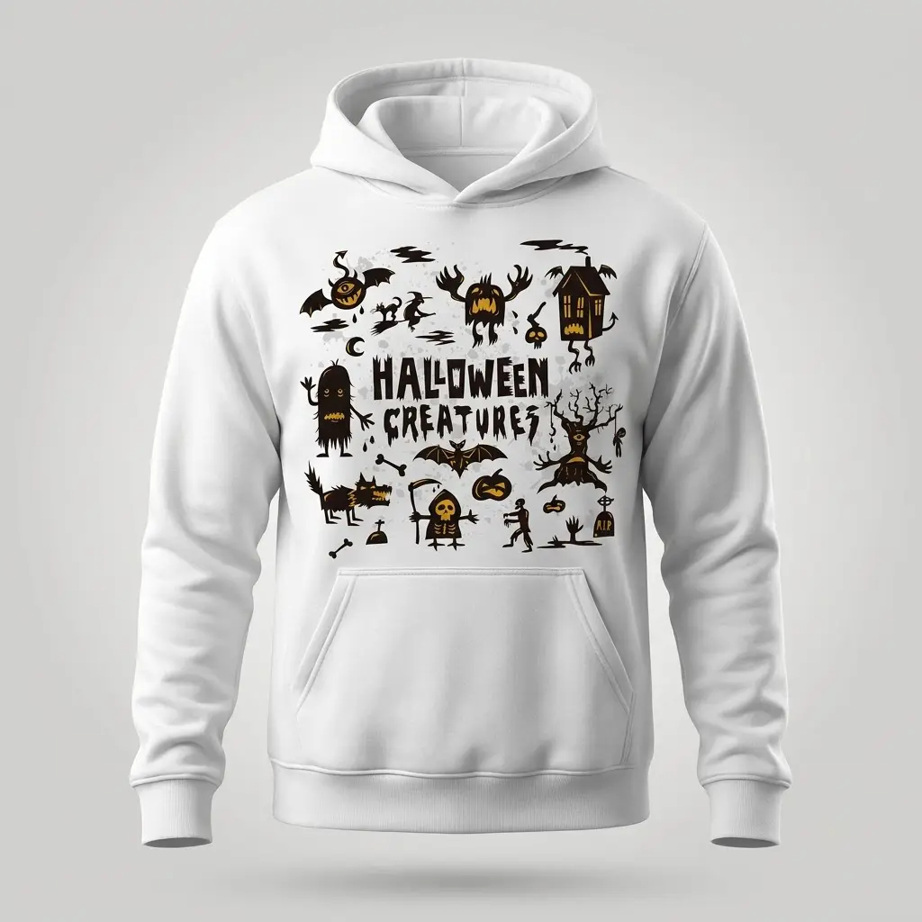 Front flat lay view of a hoodie printed with the vintage Halloween Creatures monster collage graphic.