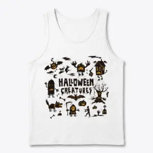 Vintage Halloween Creatures Graphic T-Shirt 8 Flat lay of a tank top featuring the spooky Halloween Creatures retro monster illustration.