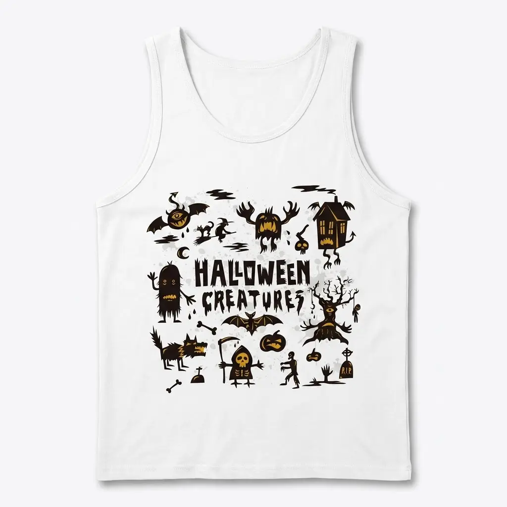 Flat lay of a tank top featuring the spooky Halloween Creatures retro monster illustration.