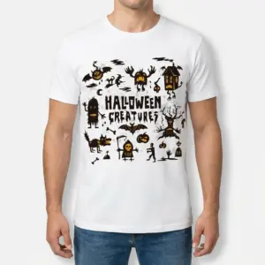Vintage Halloween Creatures Graphic T-Shirt 9 Front view of a man wearing the vintage Halloween Creatures graphic t-shirt.
