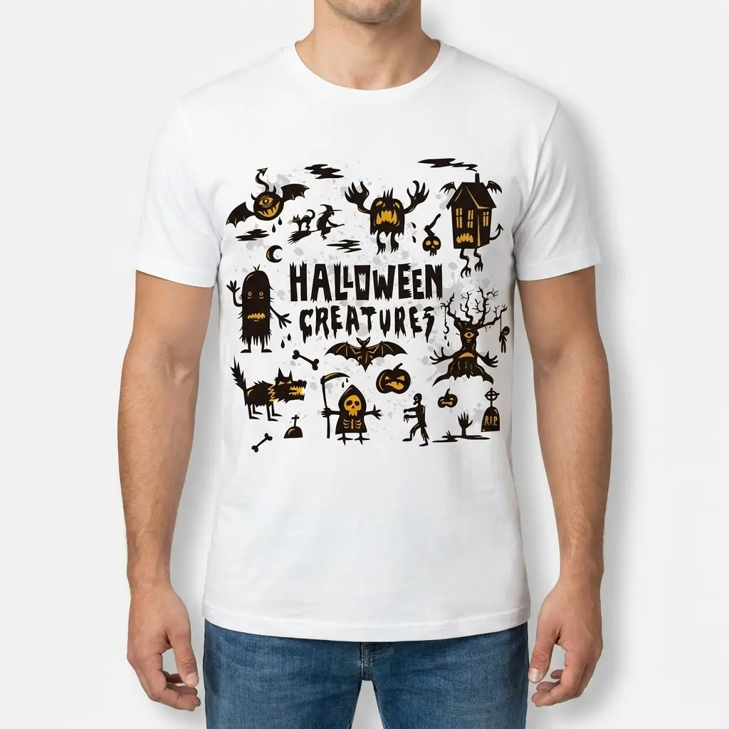 Front view of a man wearing the vintage Halloween Creatures graphic t-shirt.