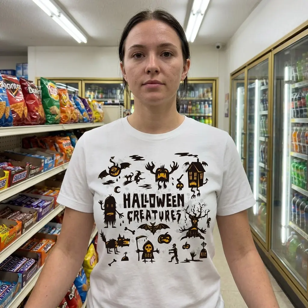 Lifestyle shot highlighting the vintage Halloween Creatures graphic shirt in a casual setting.