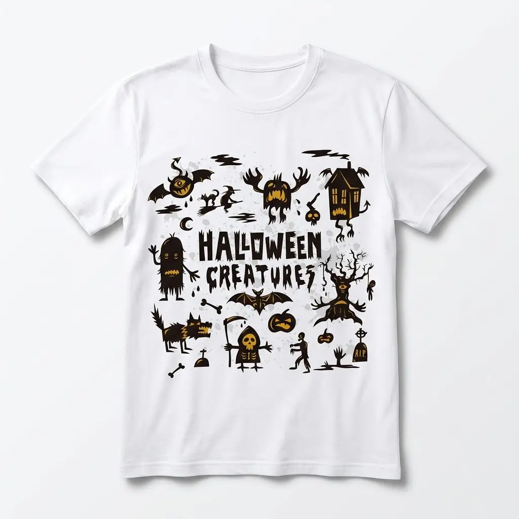 Flat lay of a white t-shirt featuring a retro Halloween Creatures monster collage graphic with spooky characters.
