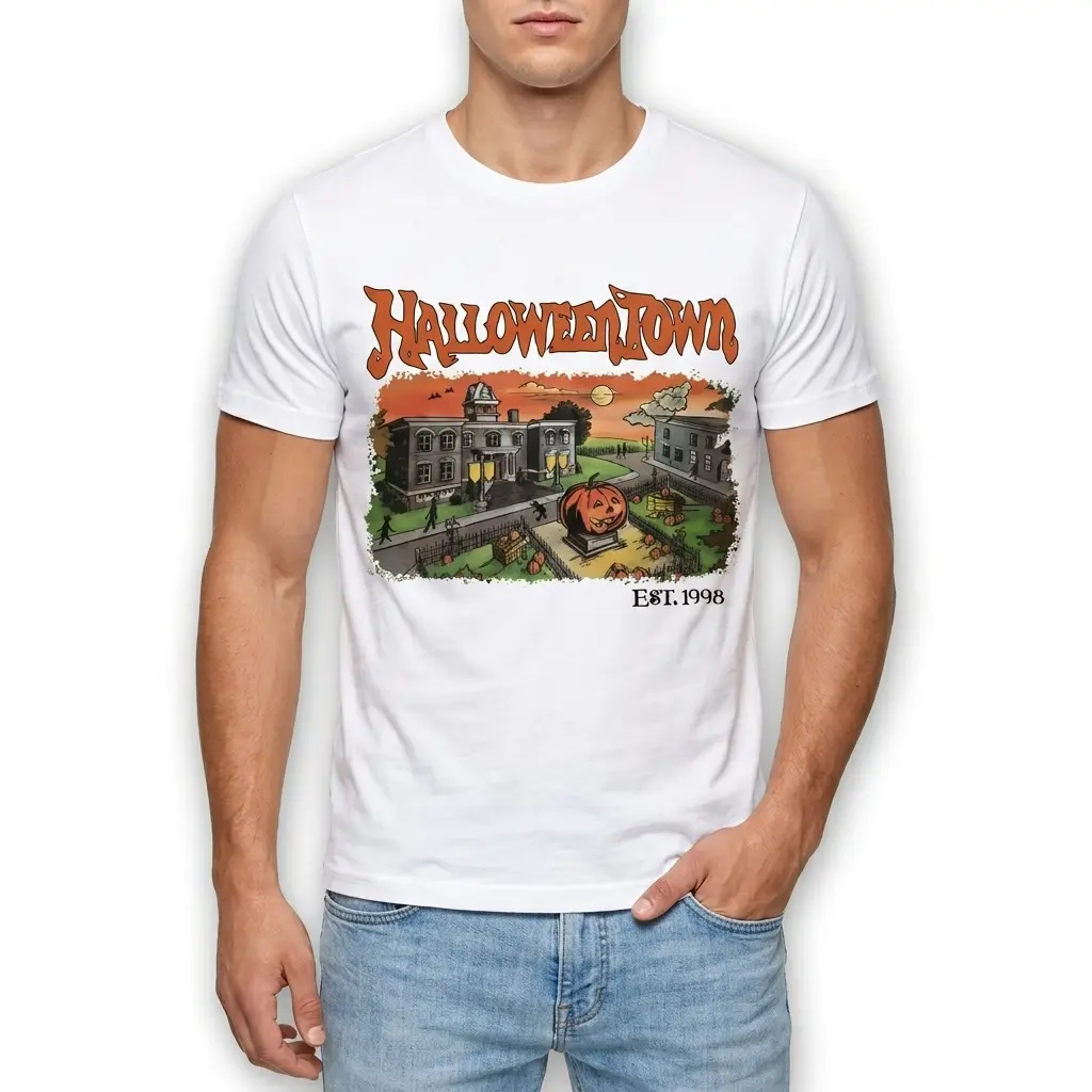 Close-up of a Halloween town graphic on a white t-shirt.