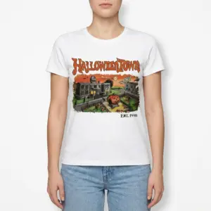 Vintage Halloween Town Spooky Season T-Shirt 9 Full view of a white t-shirt with Halloween town artwork.