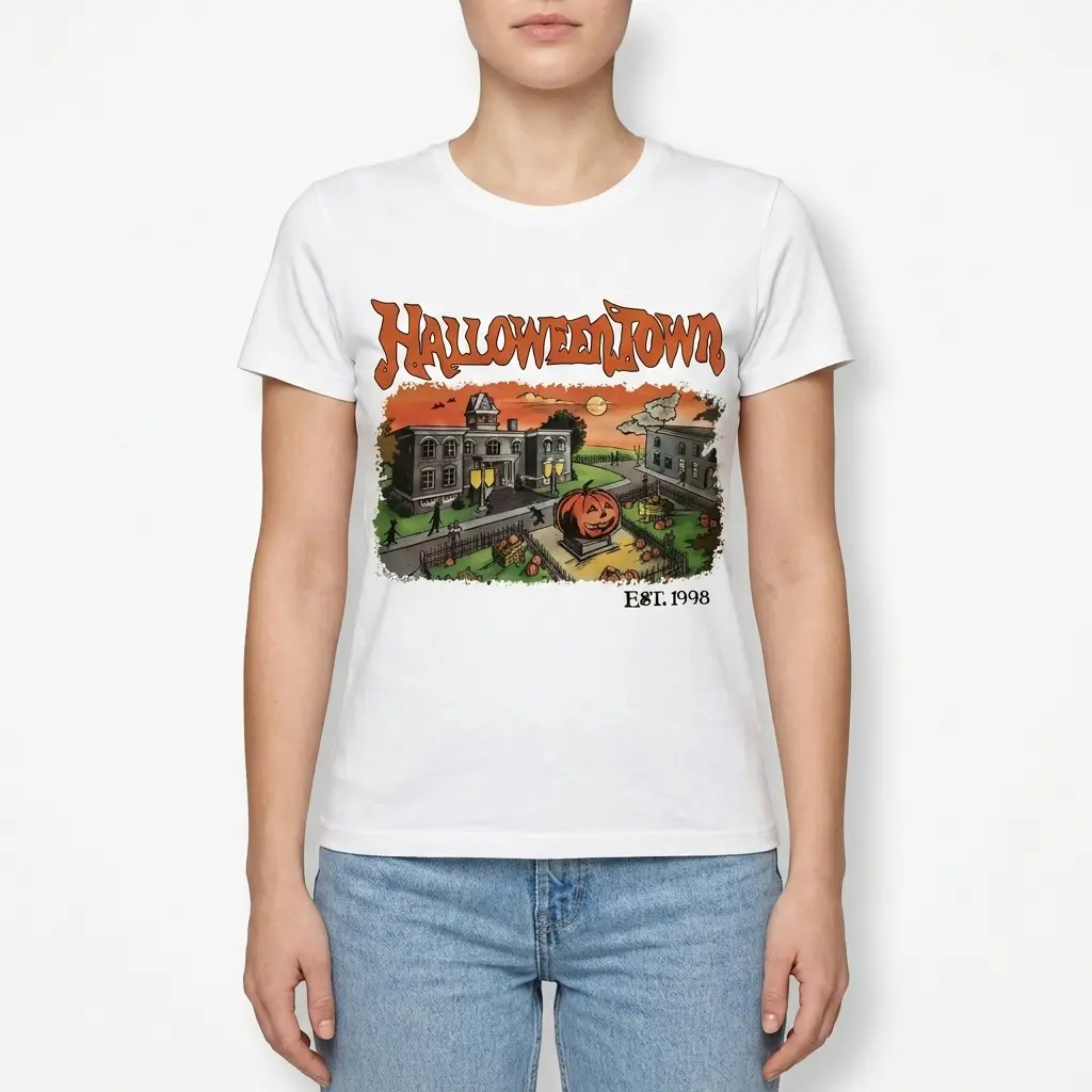 Full view of a white t-shirt with Halloween town artwork.