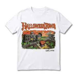 White t-shirt featuring a spooky Halloween town illustration.