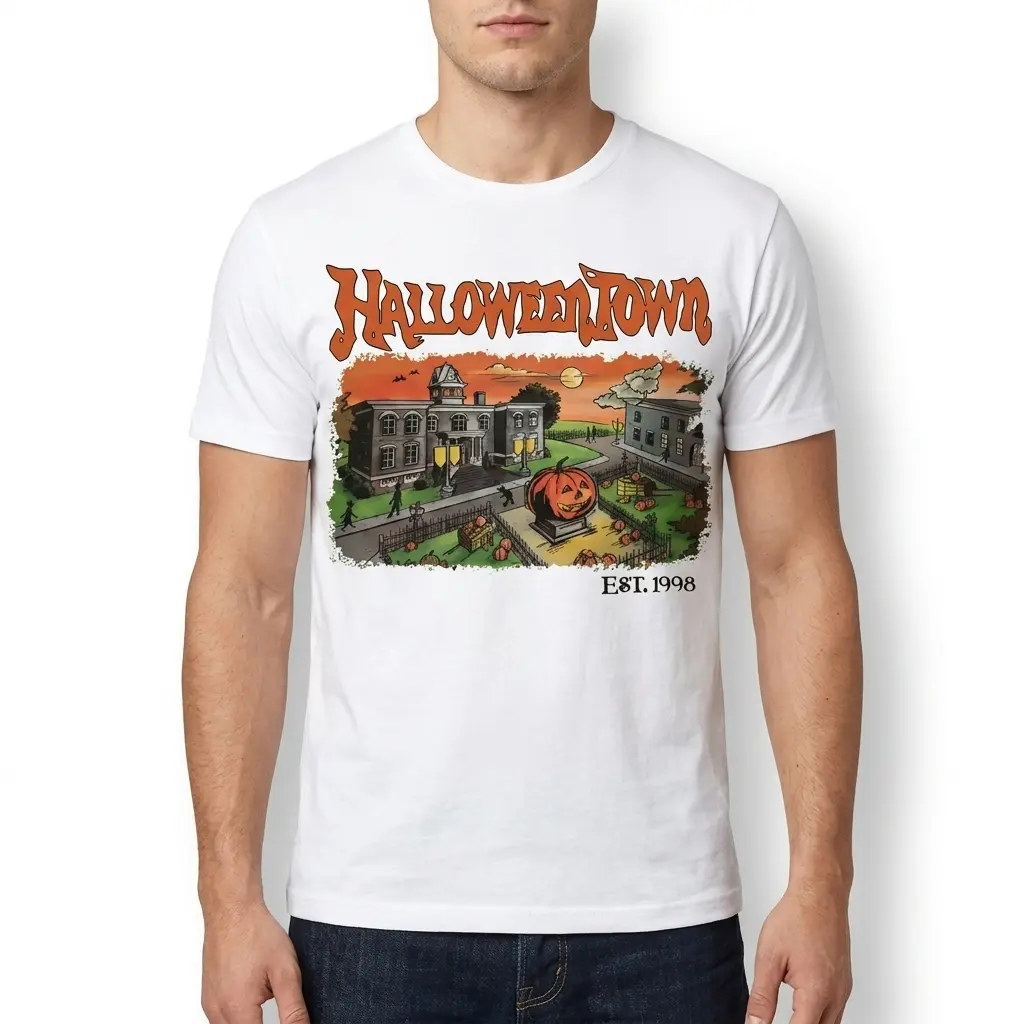 Vintage Halloween-themed shirt with town scene design.