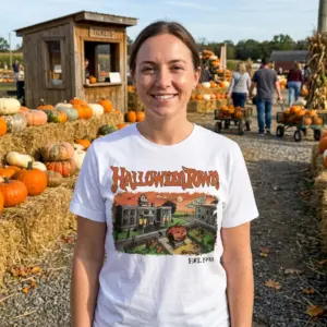 Vintage Halloween Town Spooky Season T-Shirt 11 Person wearing a Halloween town shirt in a casual setting.