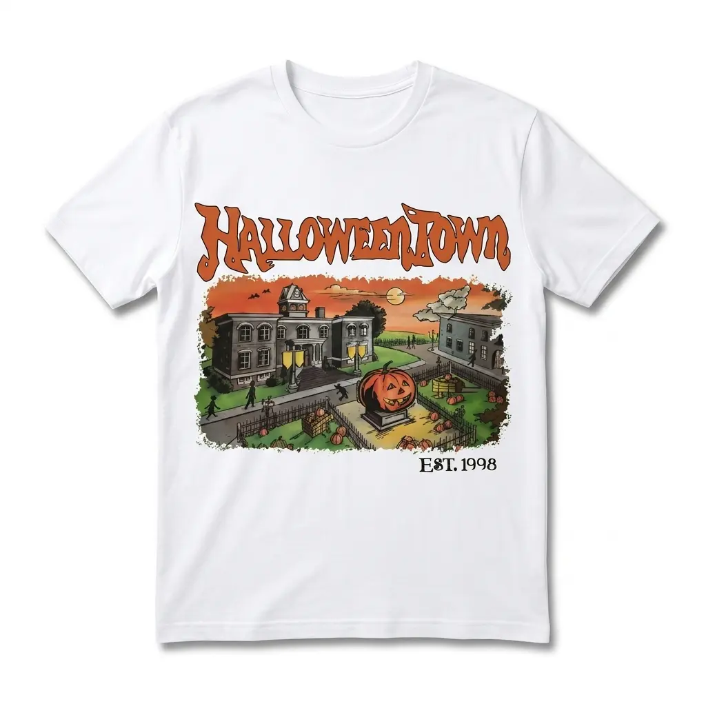 White t-shirt featuring a spooky Halloween town illustration.
