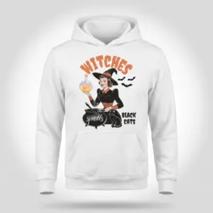 Vintage Halloween Witch Spells T-Shirt 7 Front flat lay of a hoodie featuring a retro Halloween witch brewing a potion with a black cat.