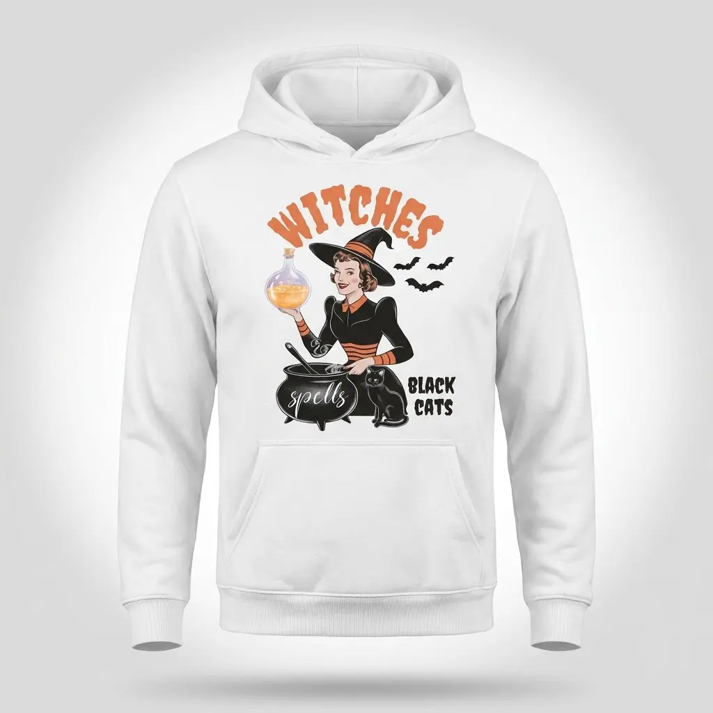 Front flat lay of a hoodie featuring a retro Halloween witch brewing a potion with a black cat.