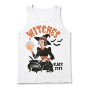 Vintage Halloween Witch Spells T-Shirt 8 Front flat lay of a tank top with vintage Halloween witch, potion bottle, and spell cauldron graphic.