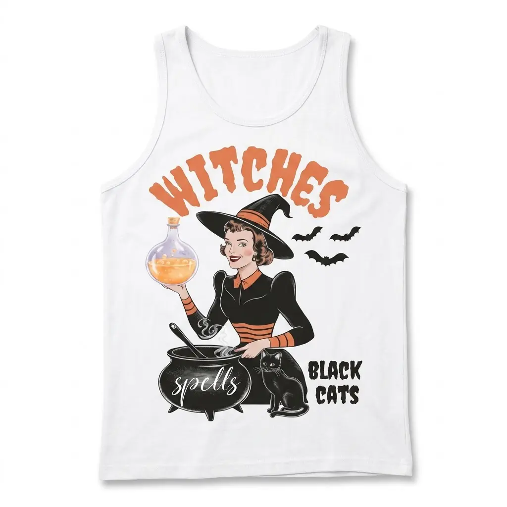 Front flat lay of a tank top with vintage Halloween witch, potion bottle, and spell cauldron graphic.
