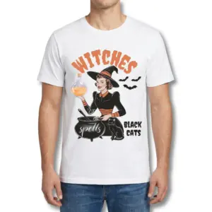 Vintage Halloween Witch Spells T-Shirt 9 Man wearing a vintage Halloween witch t-shirt featuring retro potion and black cat design.