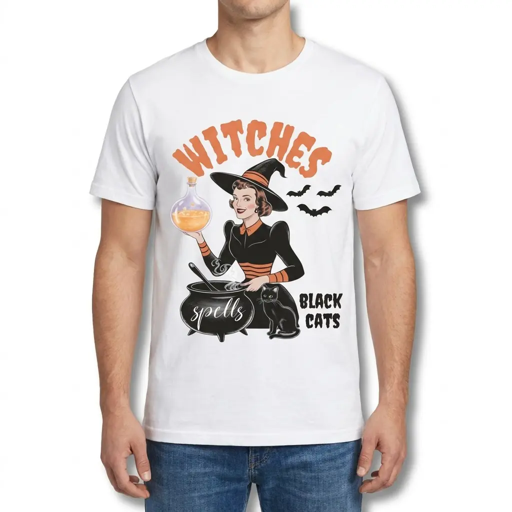 Man wearing a vintage Halloween witch t-shirt featuring retro potion and black cat design.