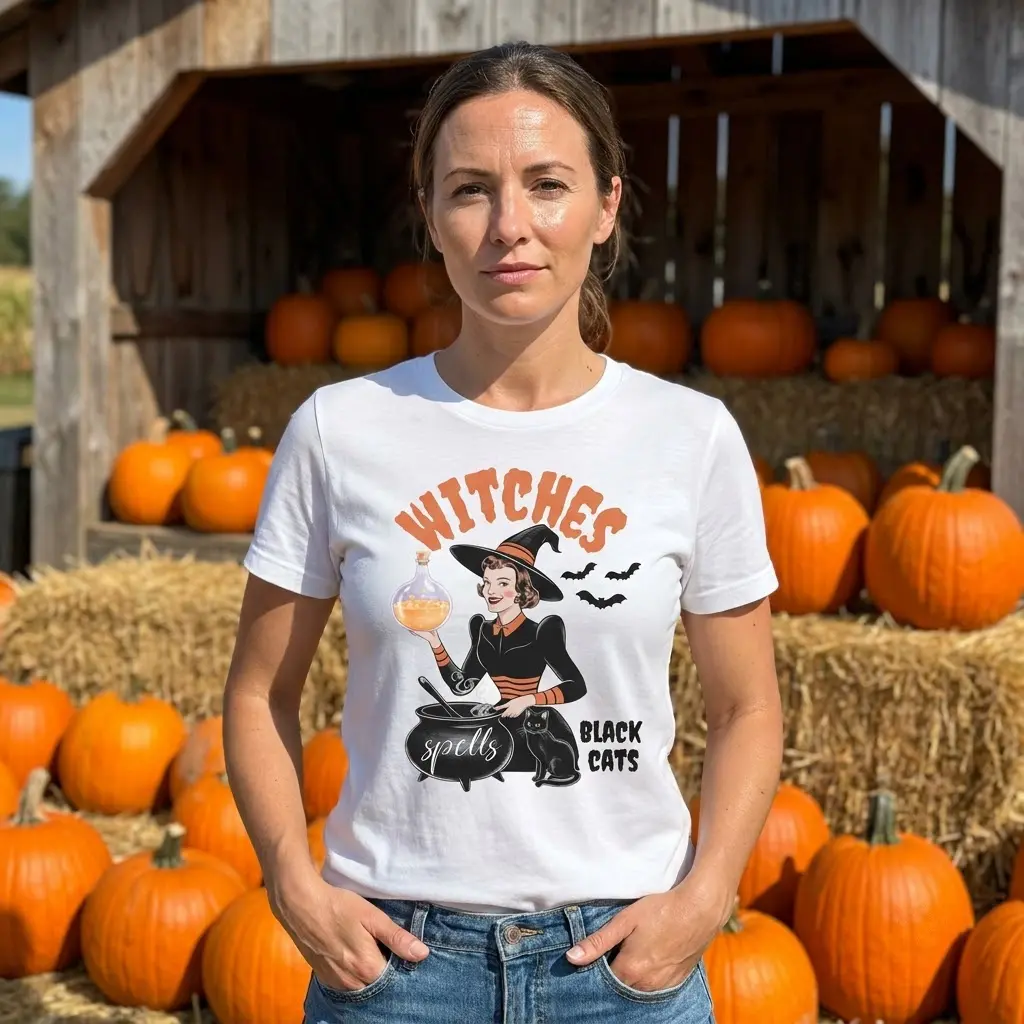 Close-up lifestyle display of the retro Halloween witch and spell potion graphic tee.
