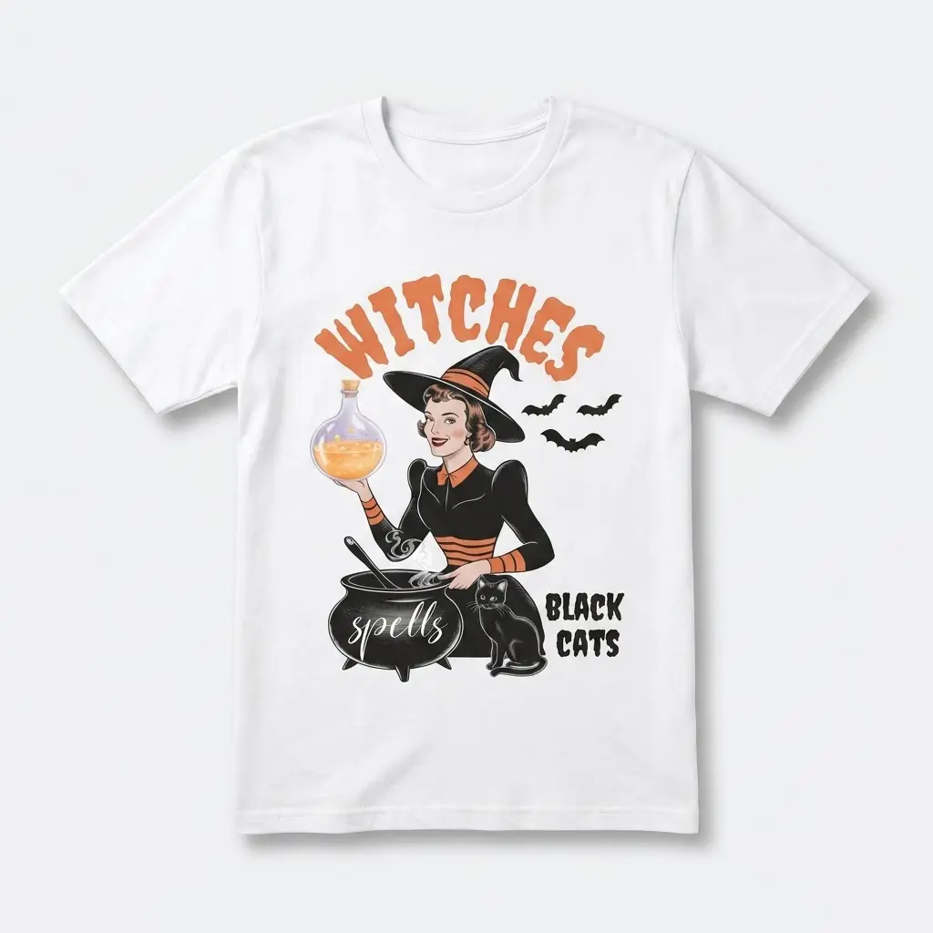Vintage Halloween witch shirt flat lay with 1950s witch, cauldron, black cat, and bats illustration.