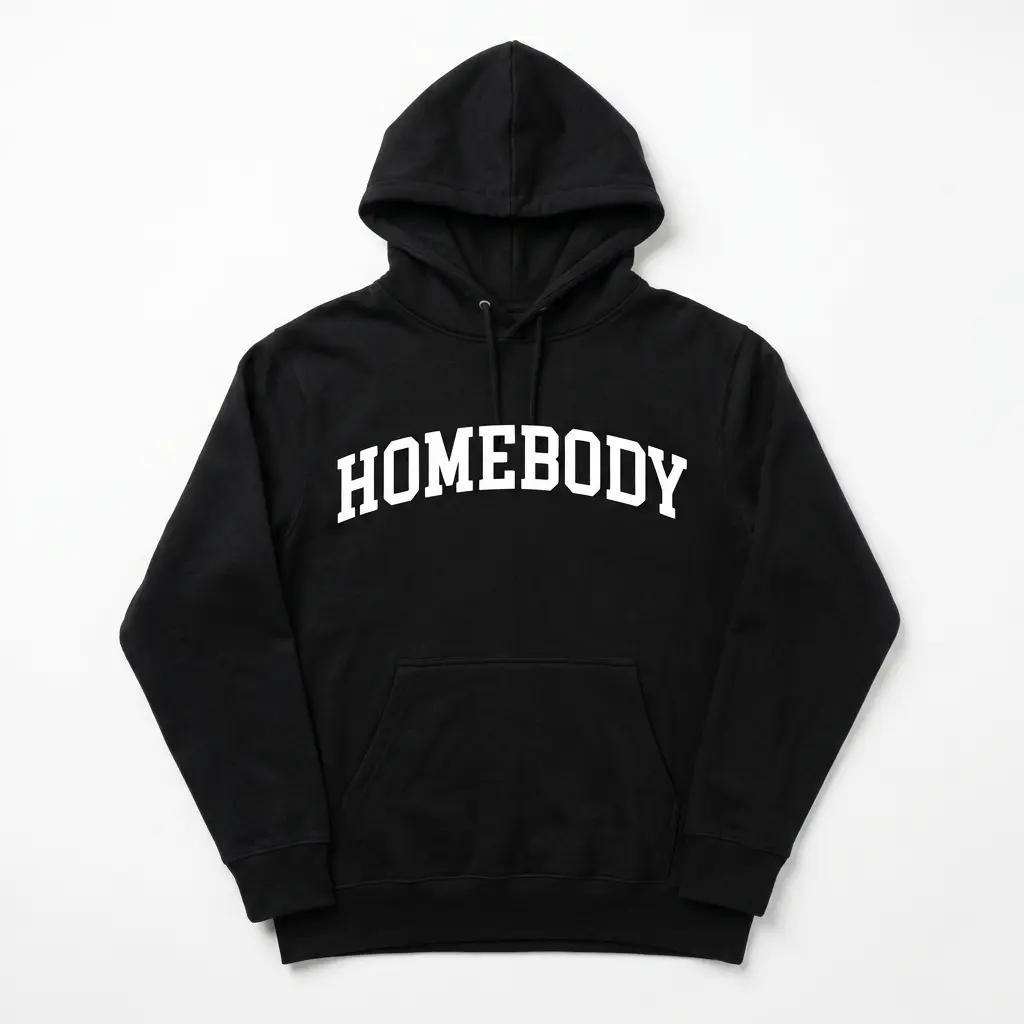 Front view of black 'Homebody' varsity graphic t-shirt.