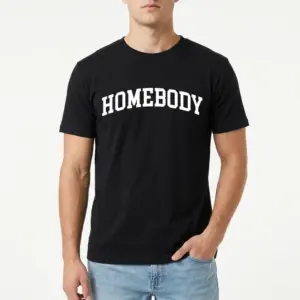Vintage Homebody Varsity Graphic T-Shirt 8 Close-up of 'Homebody' graphic on black t-shirt.