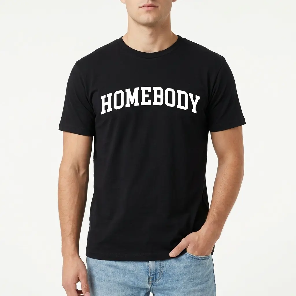 Close-up of 'Homebody' graphic on black t-shirt.