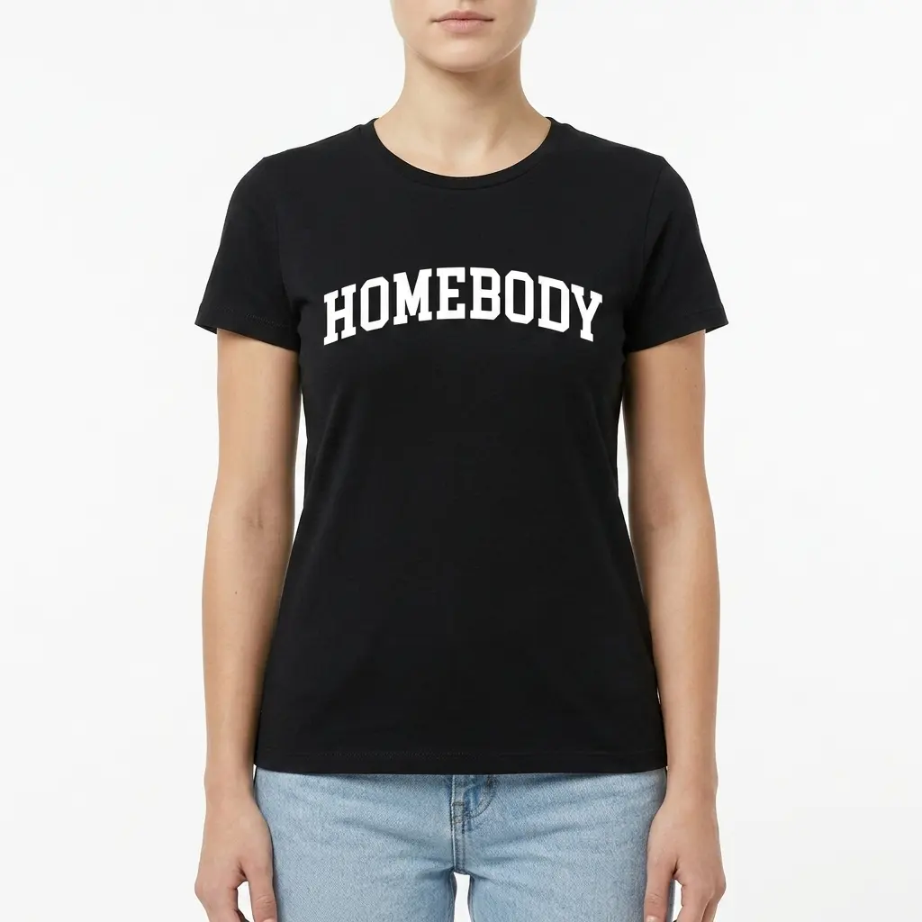 Detailed view of varsity font saying 'Homebody' on shirt.