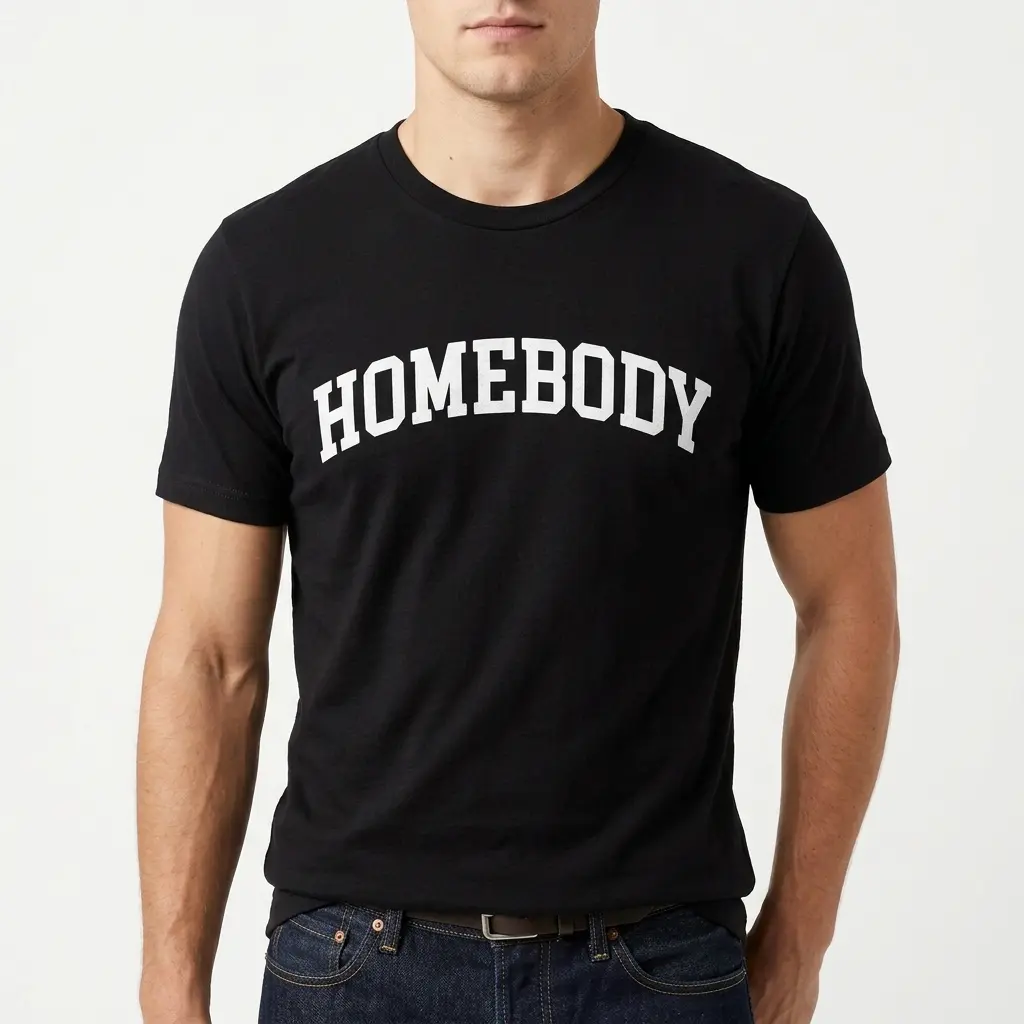 Black humor t-shirt featuring 'Homebody' in white letters.