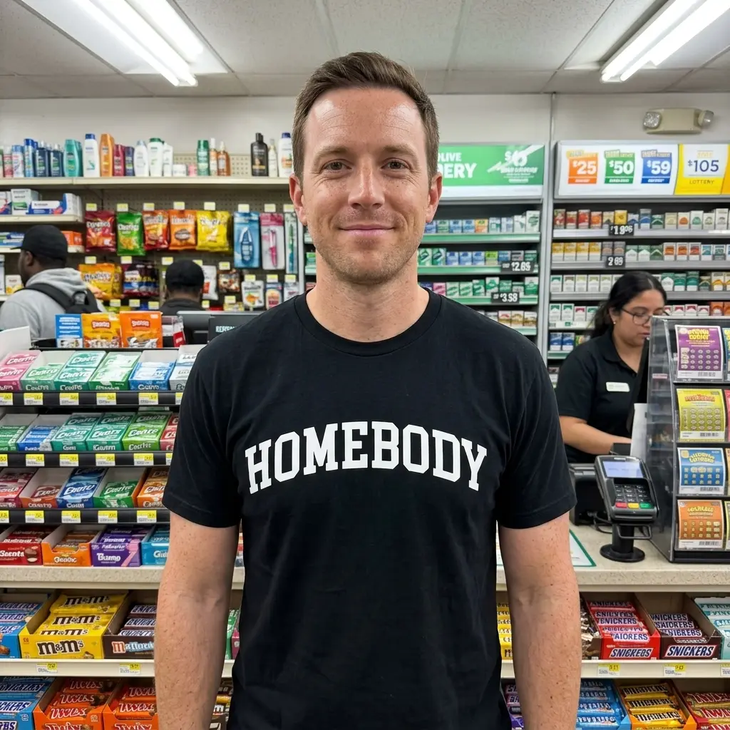 Person wearing black 'Homebody' graphic t-shirt in casual setting.