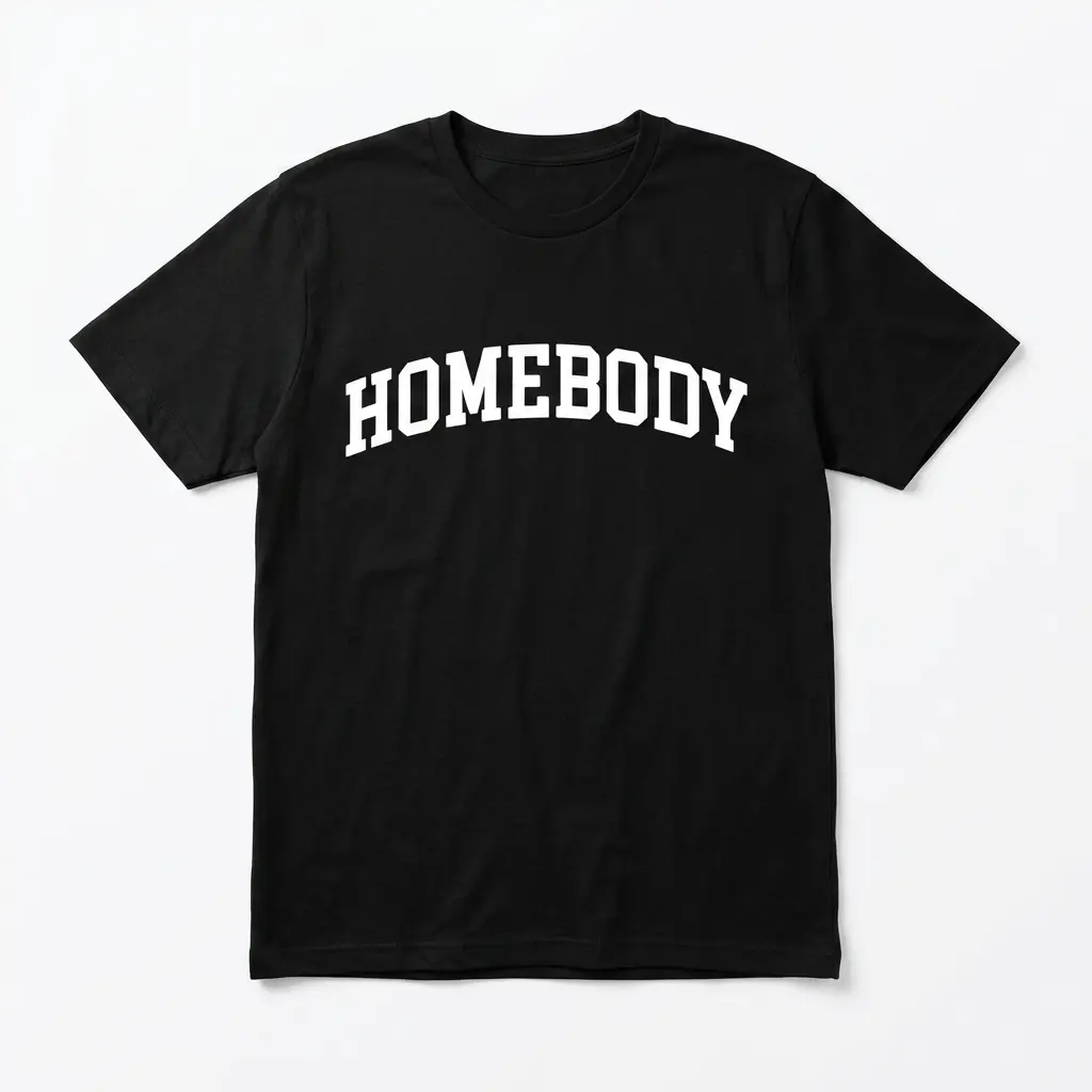 Black t-shirt with 'Homebody' in white varsity font.