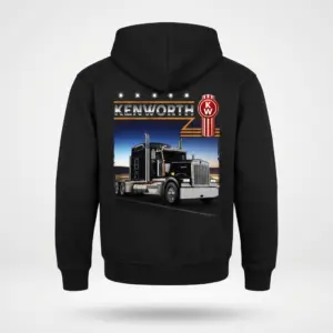 Vintage Kenworth Semi Truck Driver T-Shirt 7 Black hoodie back flat lay, showcasing the vintage Kenworth semi-truck graphic, highway scene, 'KENWORTH' text, and classic logo.